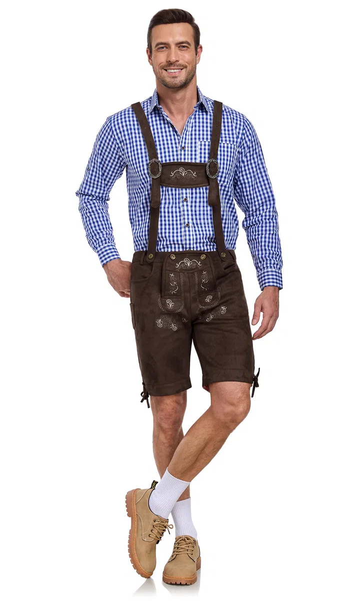 AMZHOTER Lederhose Herren Tracht Oktoberfest Trachtenhose Trachtenlederhosen Kurz Lederhosen Mann Braun bayrische Trachten Hose Trachtenmode mit Hosenträger Hellbraun Dunkelbraun