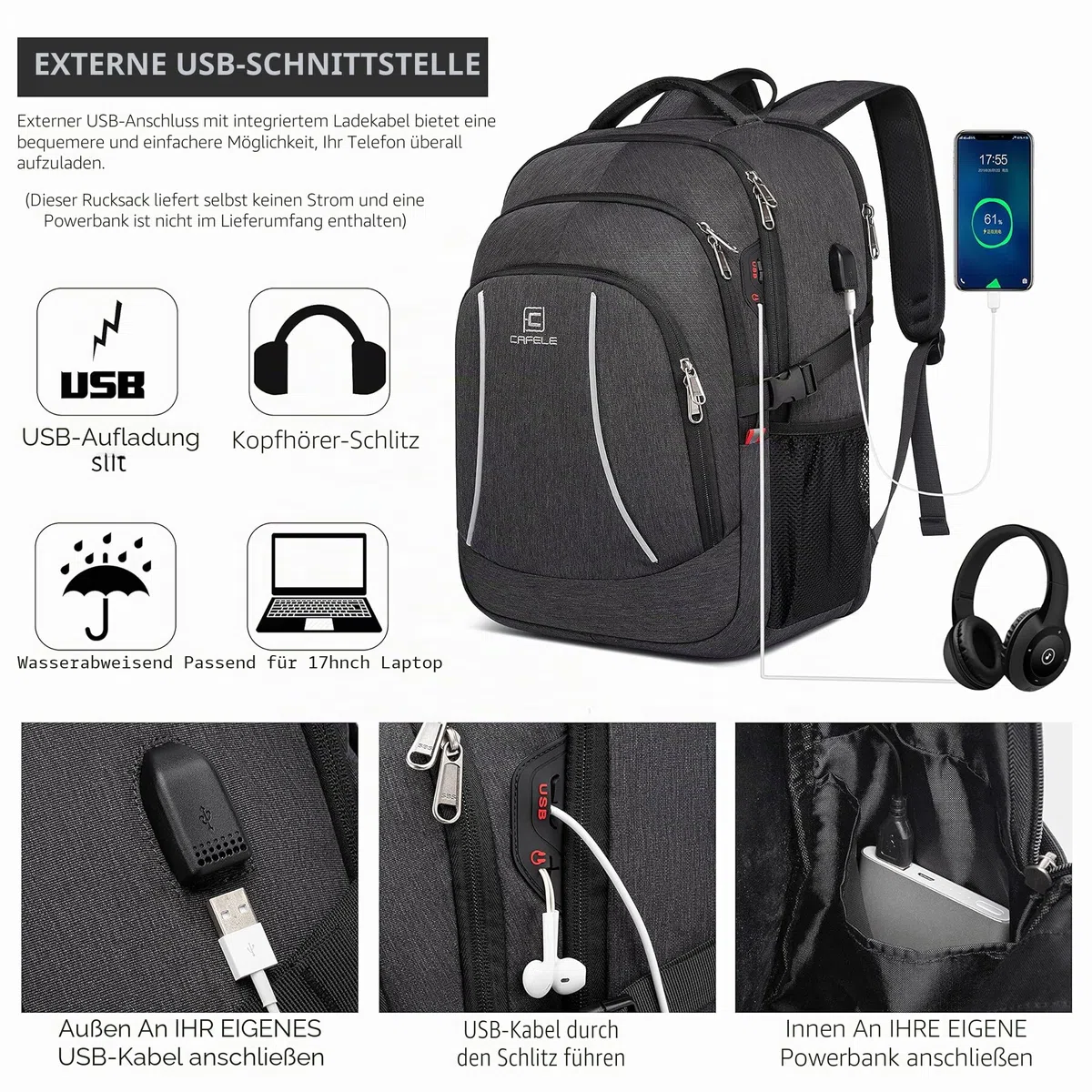 Cafele Rucksack, 17,3-Zoll Reise Laptop Rucksack, RFID Anti-Diebstahl Tasche Universitätsrucksack, wasserdichter Schulrucksack, geeignet für junge Männer und Frauen, grau