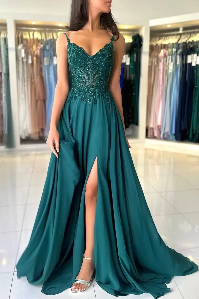 Damen Chiffon Ballkleider Lang V-Ausschnitt Spitzenapplikationen Brautjungfernkleid A-Linie Abendkleider mit Schlitz