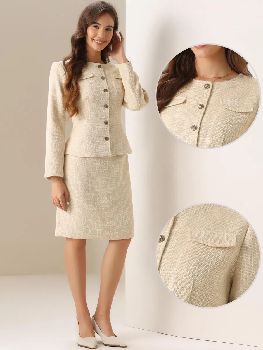 Allegra K Anzug-Set für Damen, 2-teilig, Tweed, Schößchen, Kragenlos, Blazer, Jacke und Rock