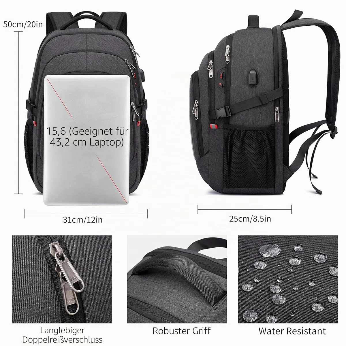 Cafele Rucksack, 17,3-Zoll Reise Laptop Rucksack, RFID Anti-Diebstahl Tasche Universitätsrucksack, wasserdichter Schulrucksack, geeignet für junge Männer und Frauen, grau