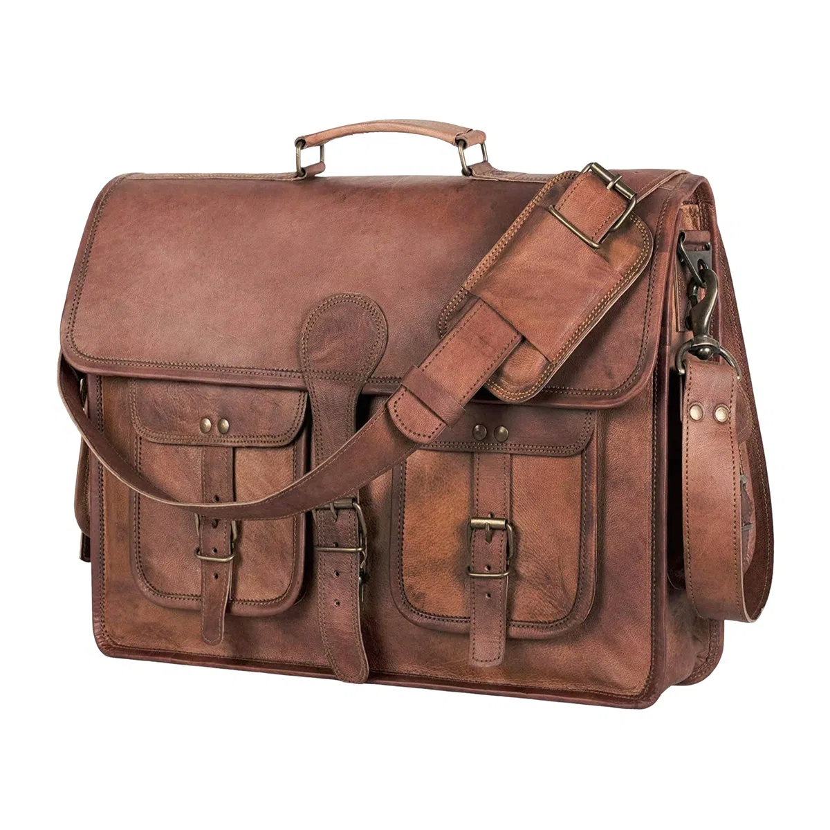 KPL 45,7 cm (18 Zoll) Leder-Aktentasche, Laptop-Kuriertasche, beste Computer-Umhängetasche, handgefertigte Tasche für Damen und Herren, braun, L, Schulranzen