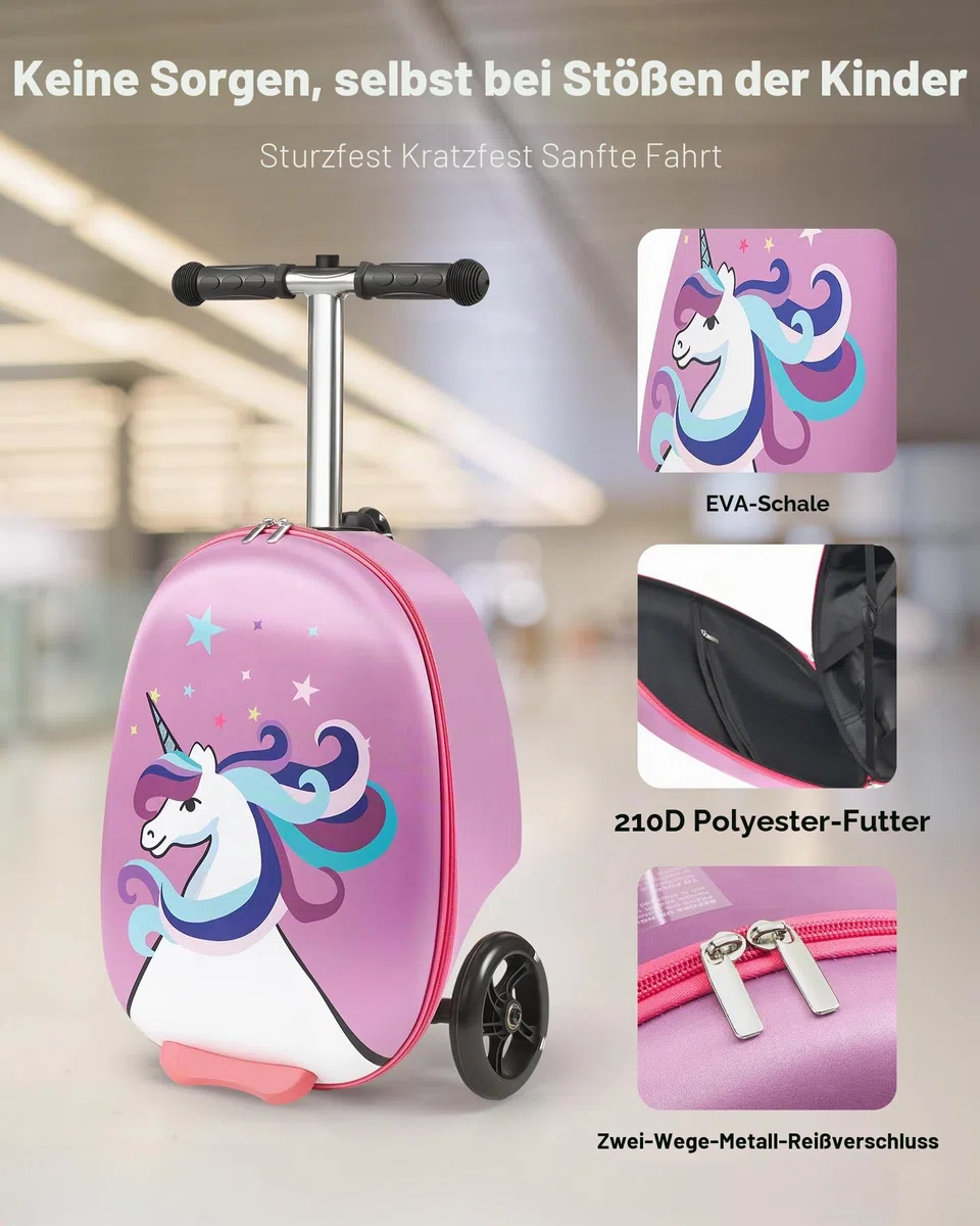 VEVOR Scooter Koffer, 20 L Fassungsvermögen, Reisekoffer mit Flash-PU-Rädern, TPR-Anti-Rutsch-Griff, max. Gewichtskapazität 50 kg, Kinderkoffer Handgepäck, für Kinder ab 5 Jahren, Lila