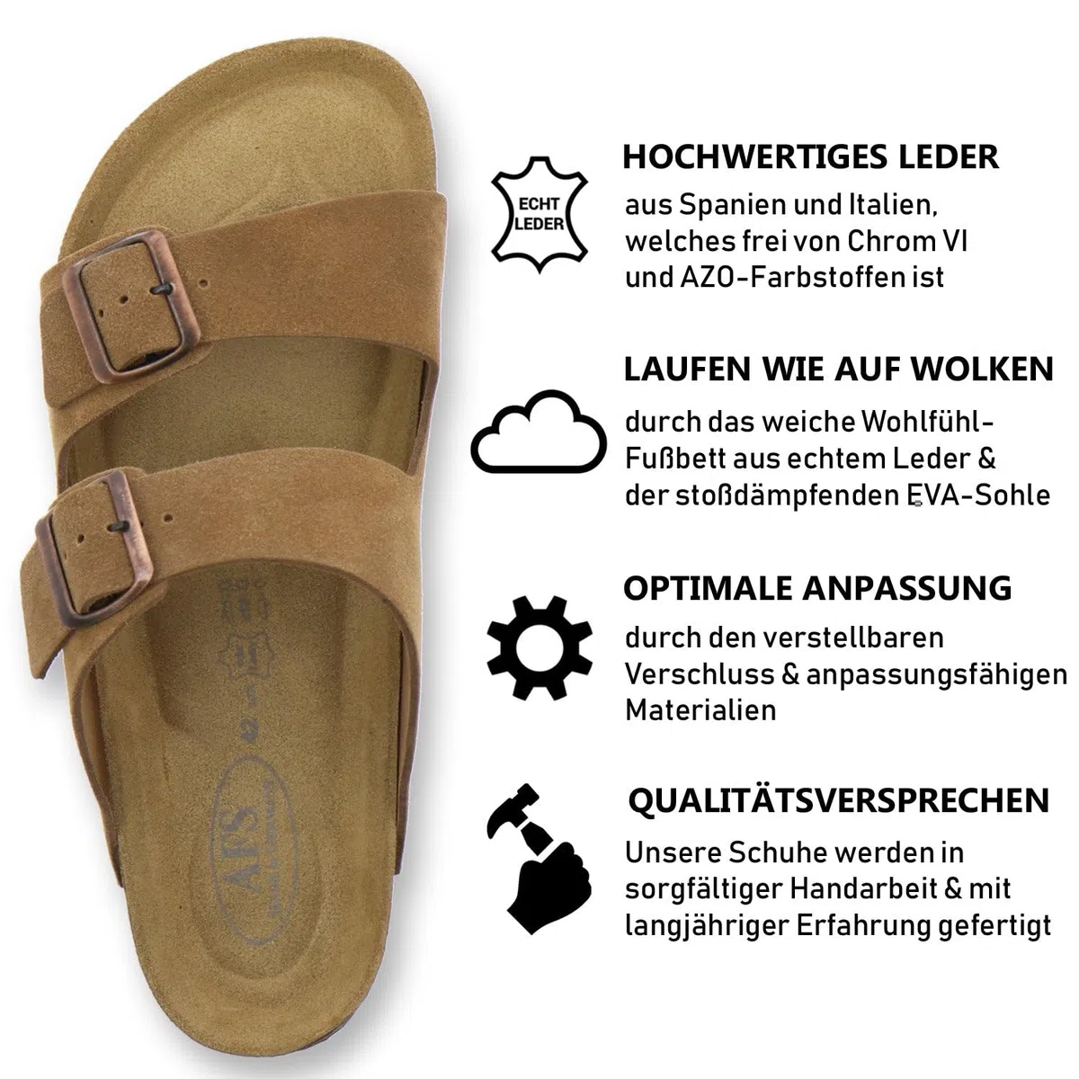 AFS-Schuhe Bequeme Herren Pantoletten, Sandalen und Hausschuhe aus Leder - Größe 36-50 - Made in Germany