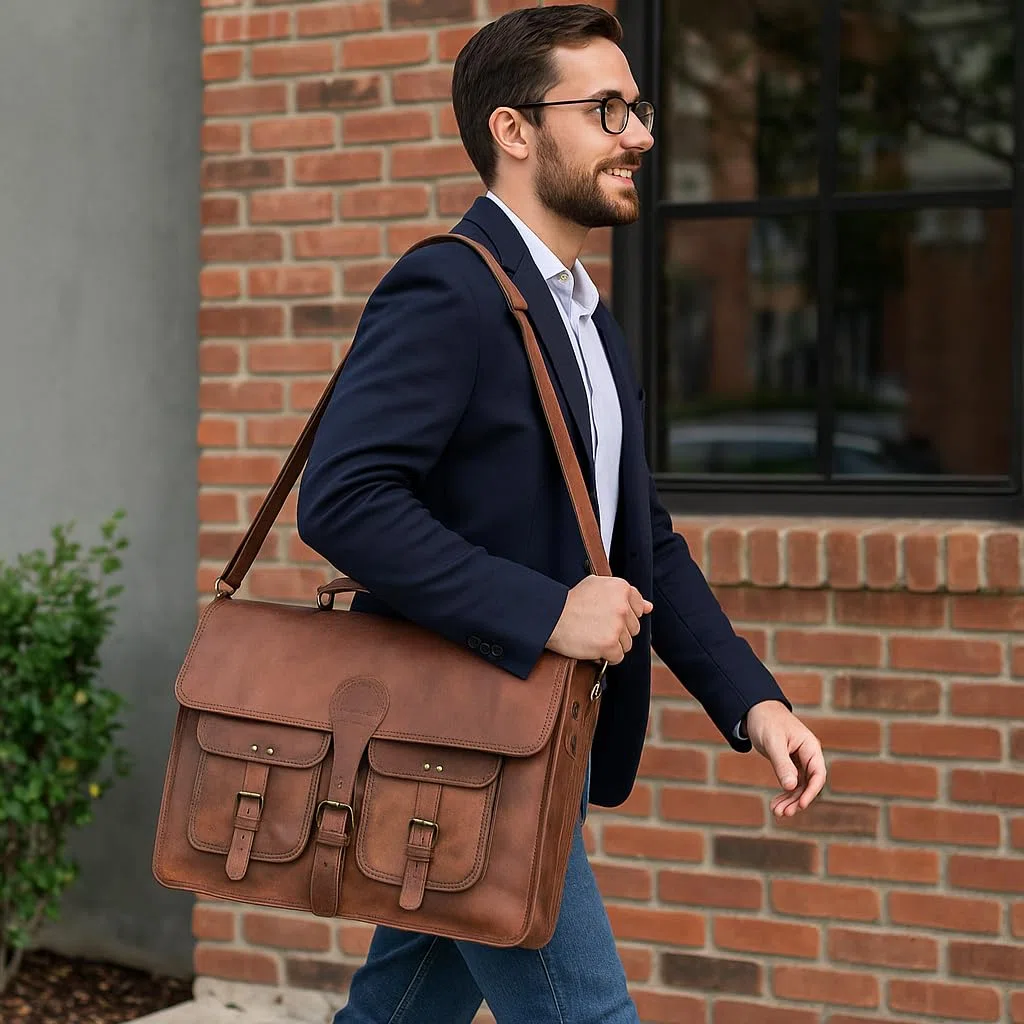 KPL 45,7 cm (18 Zoll) Leder-Aktentasche, Laptop-Kuriertasche, beste Computer-Umhängetasche, handgefertigte Tasche für Damen und Herren, braun, L, Schulranzen
