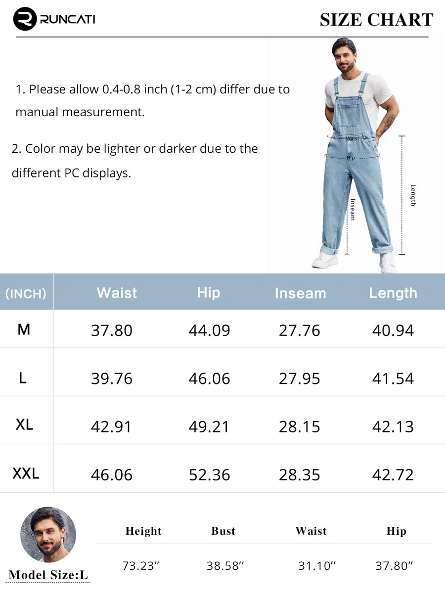 Runcati Herren Denim Latzoverall Jeans Strampler Hose Verstellbarer Riemen Arbeitskleidung Slim Fit Jumpsuit