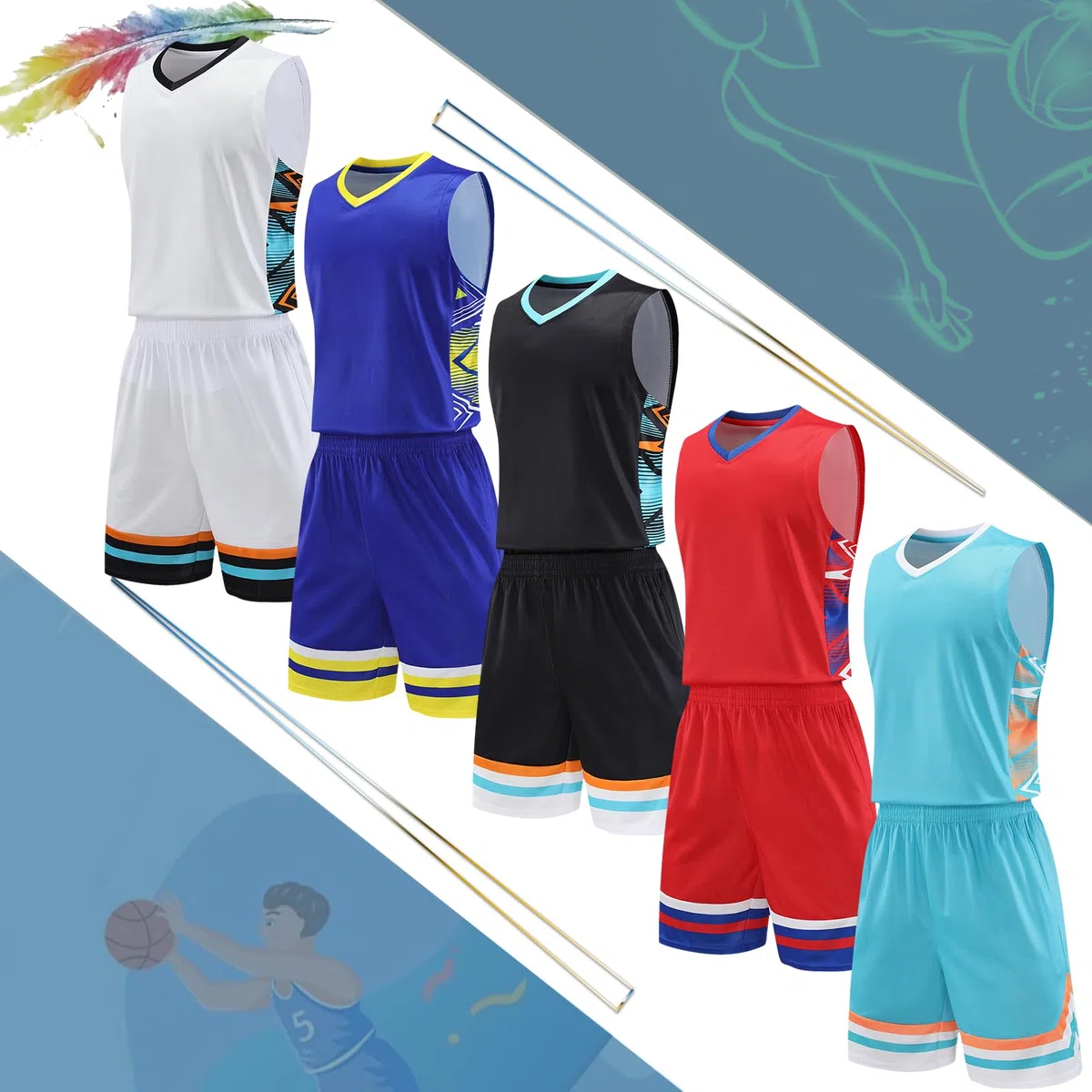 Benutzerdefiniert Trikots Kinder Erwachsene Basketball Tshirt & Shorts 2 Teiliges Set Name Nummer Team Logo Personifizieren Basketball Trikots