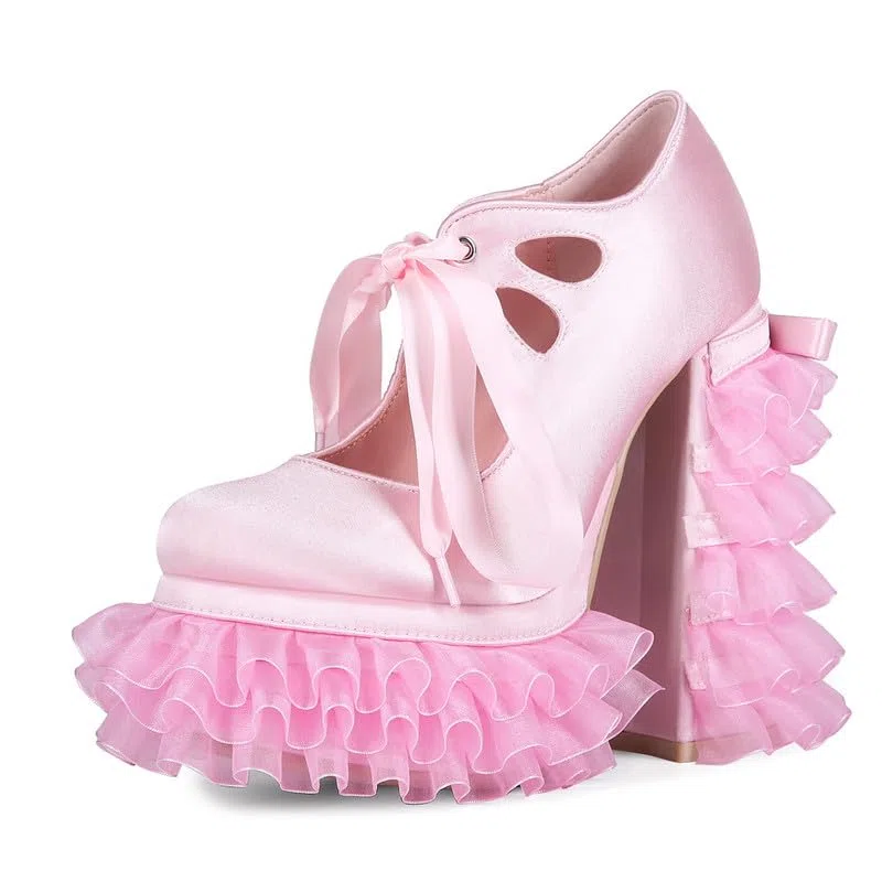 Lolita Plateaupumps für Damen Satin Schuhe mit Rüschenabsatz Schleife