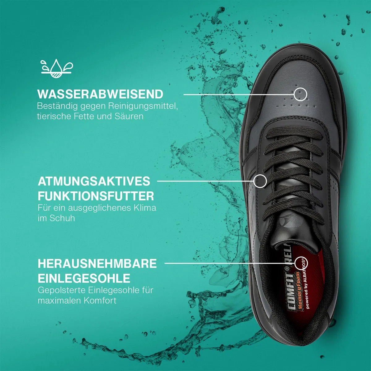 ALBATROS Squad Rutschhemmende Berufsschuhe – rutschfeste O2 Arbeitsschuhe für Damen und Herren, sehr leicht - Non-Slip Sneaker – ideal für Beruf Schwarz