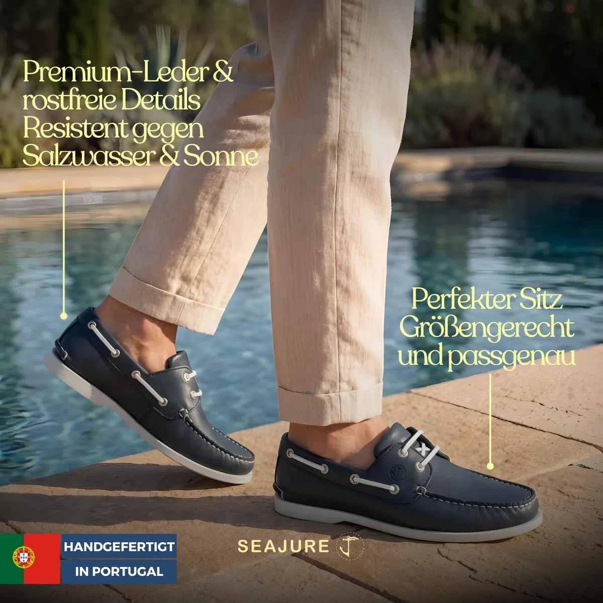 Seajure Watamu Bootsschuhe Herren Leder, Handgefertigte Segelschuhe und Mokassins, Non-Marking Gummisohle, Bequeme Maritime Sommer Slipper, Freizeitschuhe und Echtleder Deckschuhe Marineblau