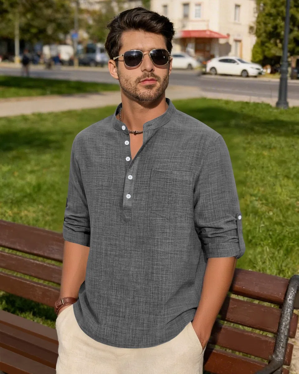 Alimens & Gentle Leinenhemd Herren Langarm Hemden Henley Sommer Baumwolle Atmungsaktiv Strandhemd Freizeit Urlaub Herrenhemd