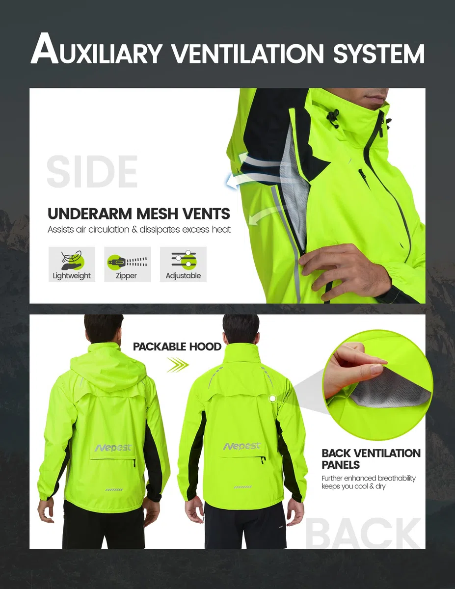 Nepest Fahrradjacke Herren Wasserdicht Atmungsaktiv, 10000mm Wassersäule + 5.000 g/m²/24hr Atmungsaktiv - 6 Taschen, Reflektierend UPF50+ Wanderjacke Windbreaker