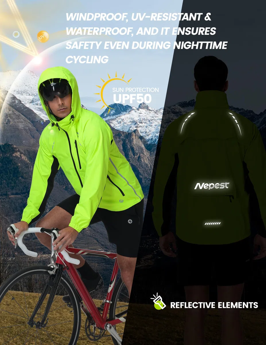 Nepest Fahrradjacke Herren Wasserdicht Atmungsaktiv, 10000mm Wassersäule + 5.000 g/m²/24hr Atmungsaktiv - 6 Taschen, Reflektierend UPF50+ Wanderjacke Windbreaker