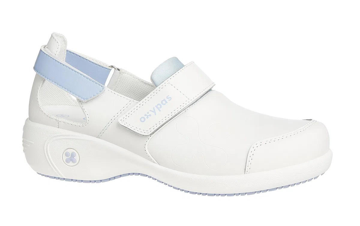 Oxypas Arbetsschuhe aus Leder - SALMA - Sicherheitsclog für Damen, rutschfeste und Bequeme Schuhe ideal für Krankenhaus und Pflege, Weiss Blau, 39 EU