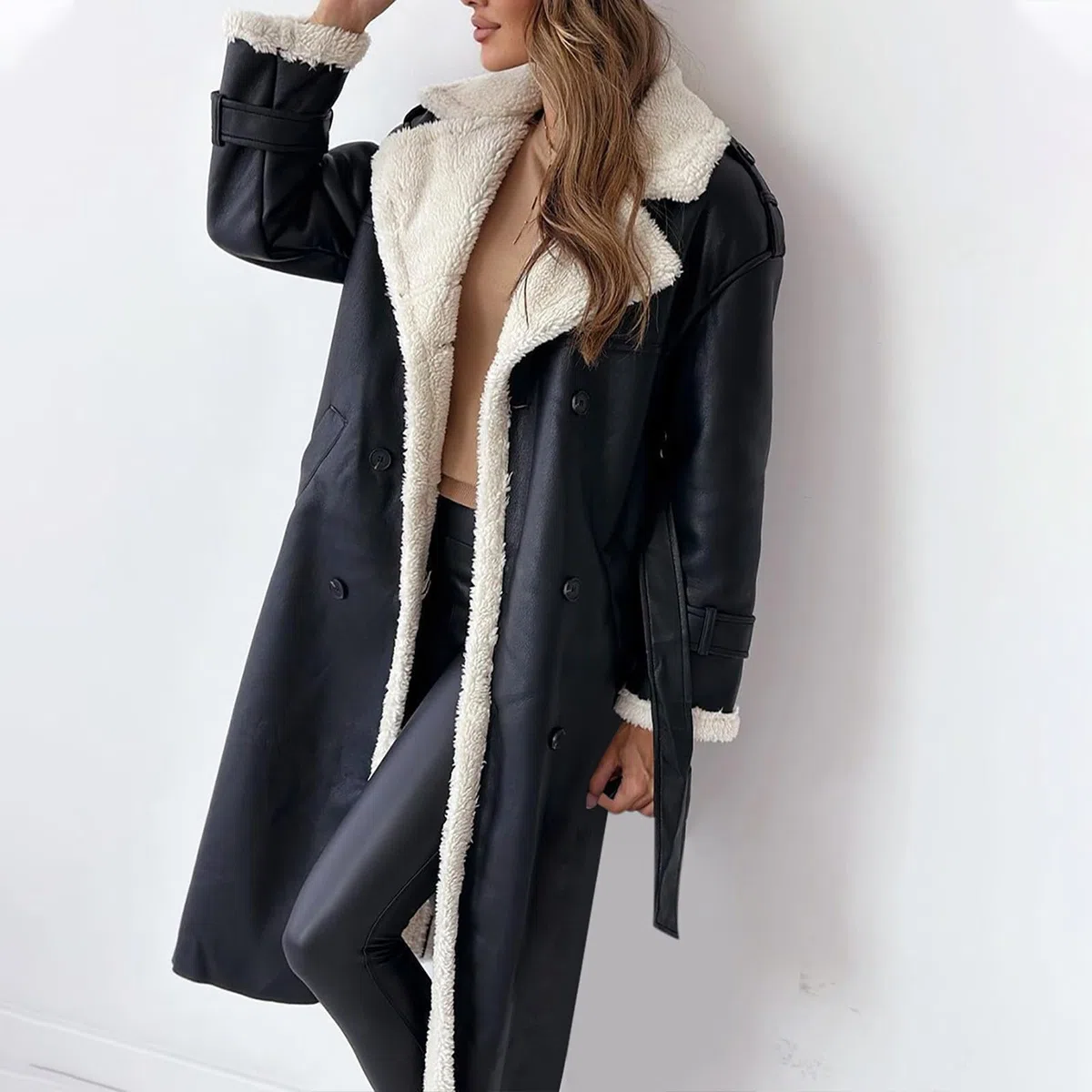 Ansenesna Lederjacke Damen Lang Gefüttert Winterjacke Damen Leder Warm Innenfutter Wintermantel Elegant Lederoptik Trenchcoat Mit Gürtel Zweireihig Mantel Frauen Winter Kunstleder Ledermantel