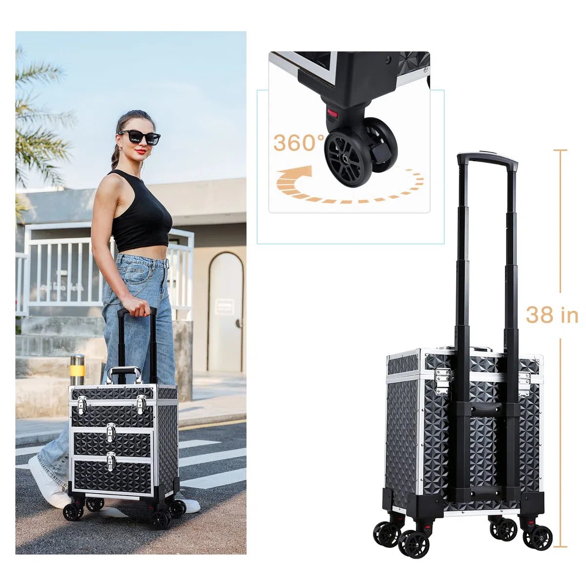 Kosmetik Trolley mit 2 Schublade Kosmetikkoffer Trolley Friseurkoffer mit Rollen Make up Koffer Schminkkoffer Nagelkoffer Abschließbare Beauty Case,Schwarz