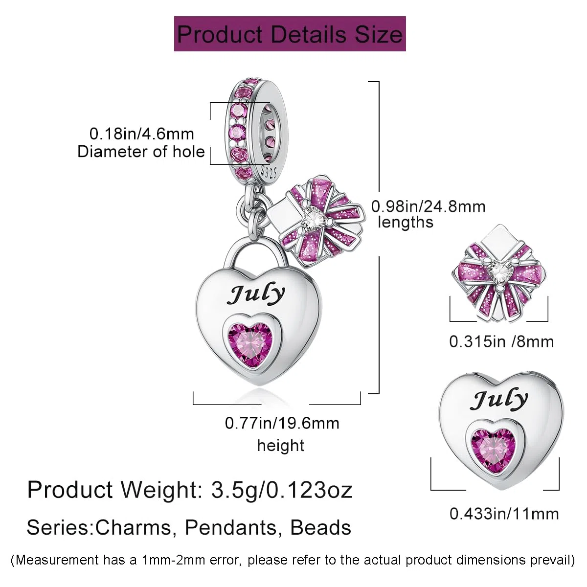 HappyStar 925 Sterling Silber Herz Zirkonia Geburtsstein Charm Anhänger für Geburtstag Personalisiertes Geschenk Bead Charms für Damen kompatibel Pandora Armbänder Geburtstag Valentinstag