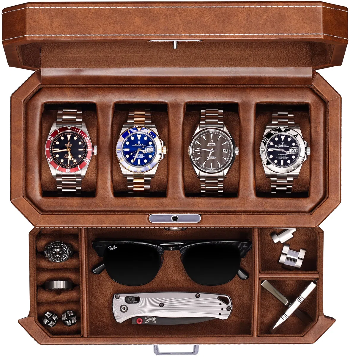 ROTHWELL 4-Fach-Uhrenbox aus Leder mit Schublade – Luxus-Schmuckkasten, Vitrine mit Schloss und Echtglas-Oberseite – Uhrenbox-Organizer für Herren & Damen (Braun)