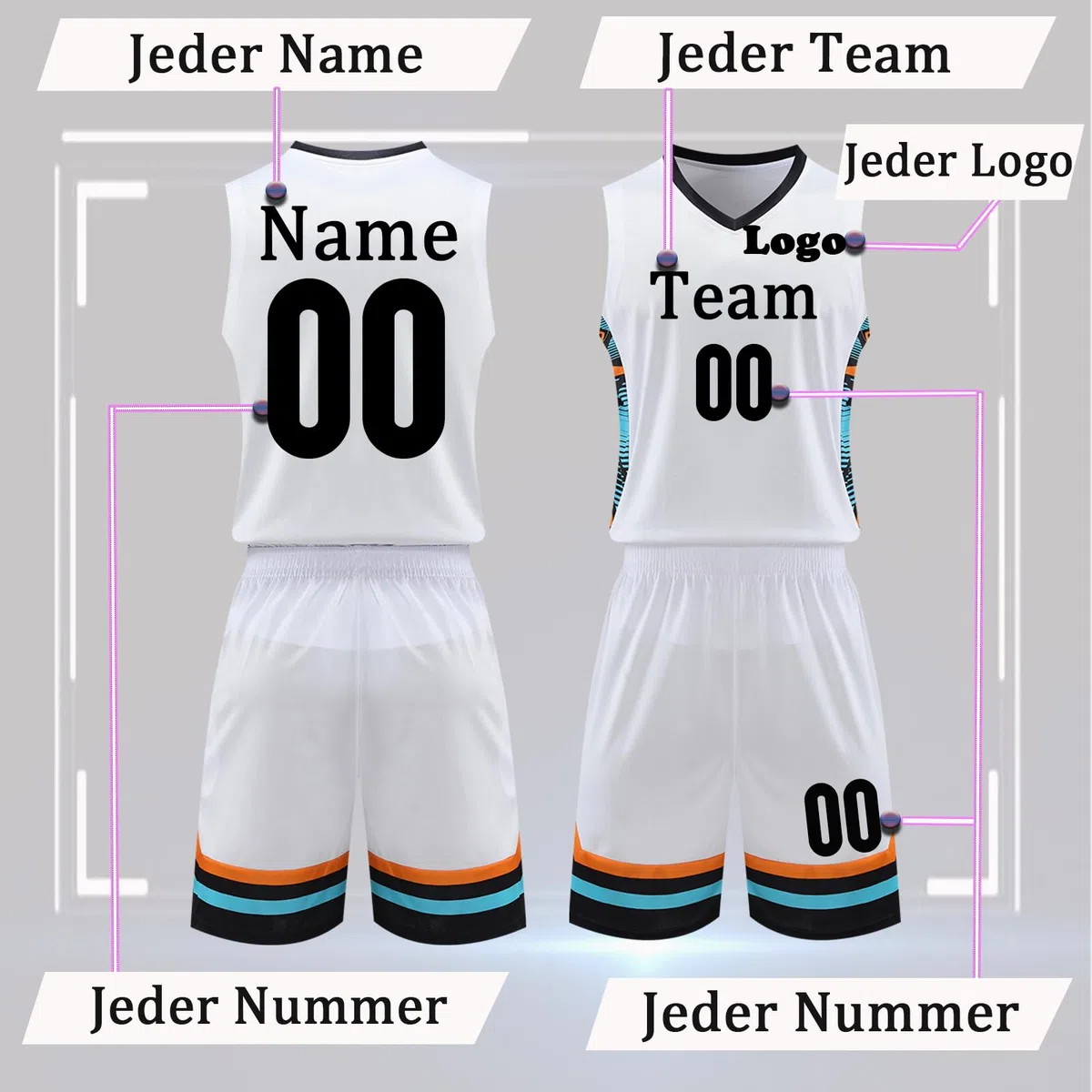 Benutzerdefiniert Trikots Kinder Erwachsene Basketball Tshirt & Shorts 2 Teiliges Set Name Nummer Team Logo Personifizieren Basketball Trikots