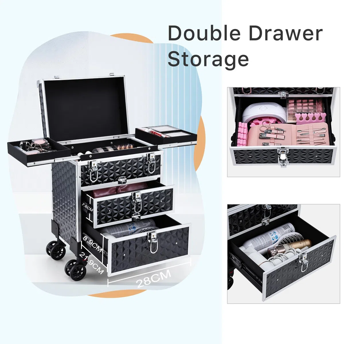 Kosmetik Trolley mit 2 Schublade Kosmetikkoffer Trolley Friseurkoffer mit Rollen Make up Koffer Schminkkoffer Nagelkoffer Abschließbare Beauty Case,Schwarz
