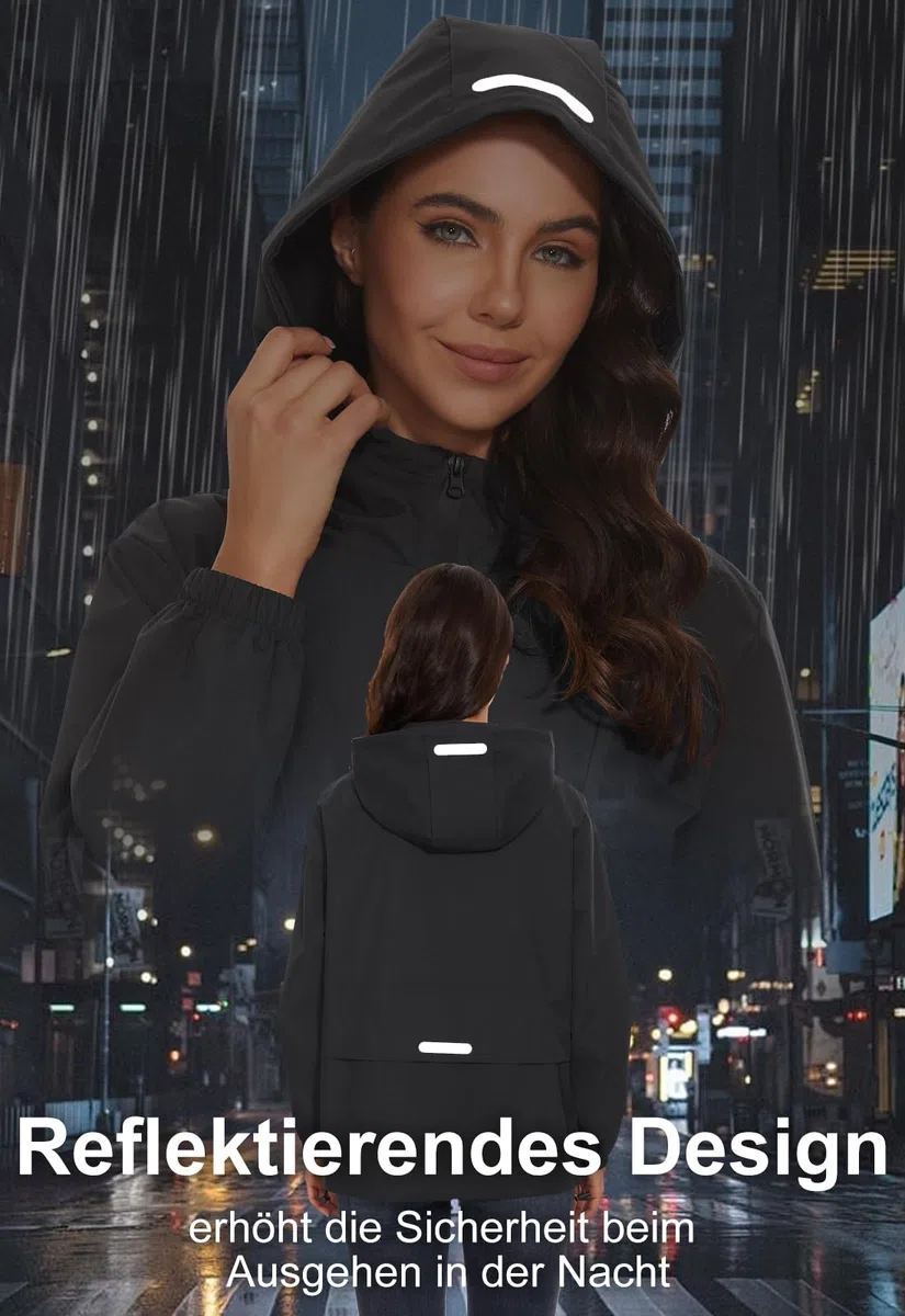 Damen Wasserdichte Faltbar Regenjacke mit Kapuze Reflektierende Fahrradjacke für die Nacht Leicht Wasserdicht Windbreaker Jacke