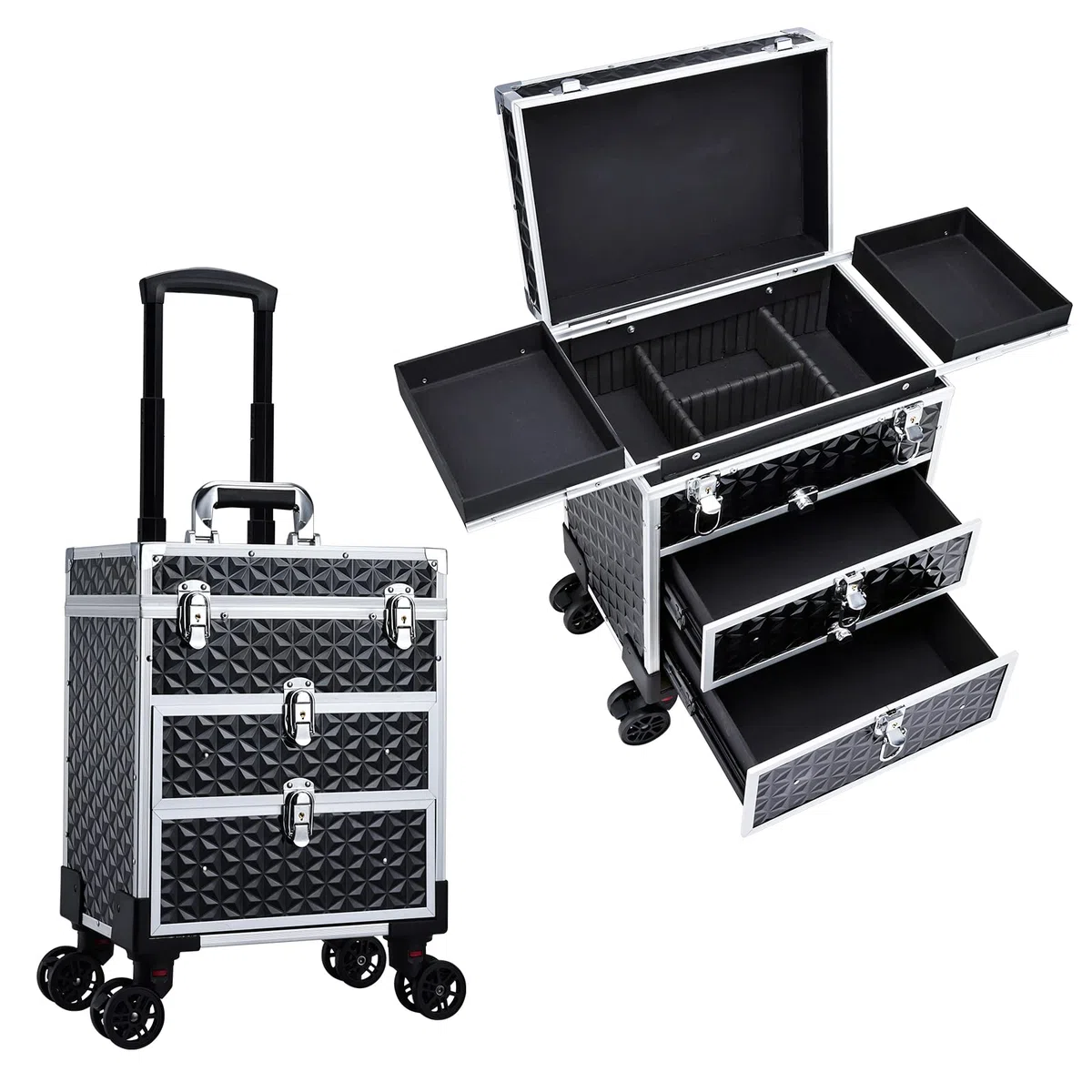Kosmetik Trolley mit 2 Schublade Kosmetikkoffer Trolley Friseurkoffer mit Rollen Make up Koffer Schminkkoffer Nagelkoffer Abschließbare Beauty Case,Schwarz