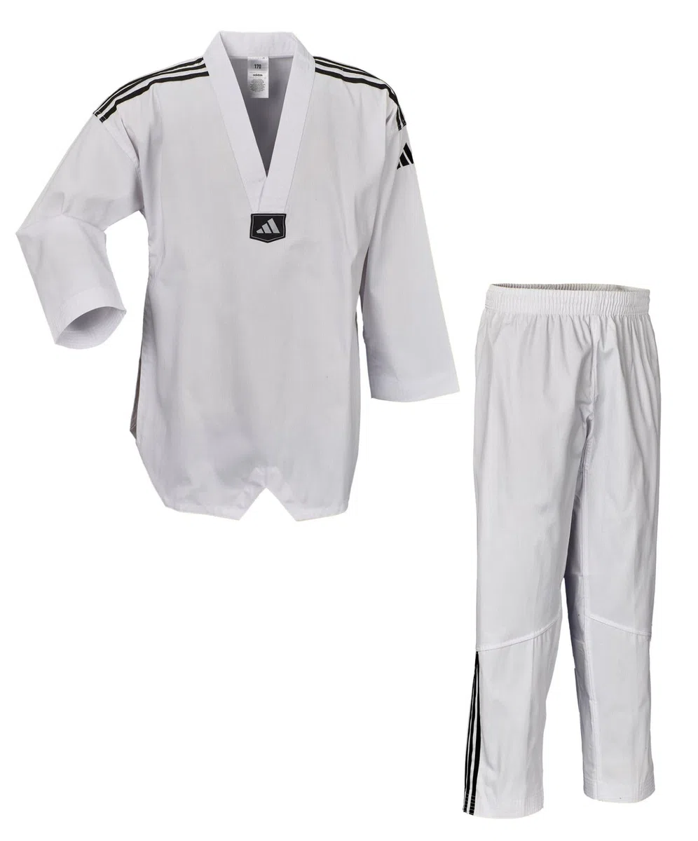 adidas Taekwondoanzug Club 3 | Dobok mit Schulterstreifen | für Kinder und Erwachsene | Leicht und atmungsaktiv | Revers Weiß | für Training und Wettkampf | für Körpergröße 130-220 cm