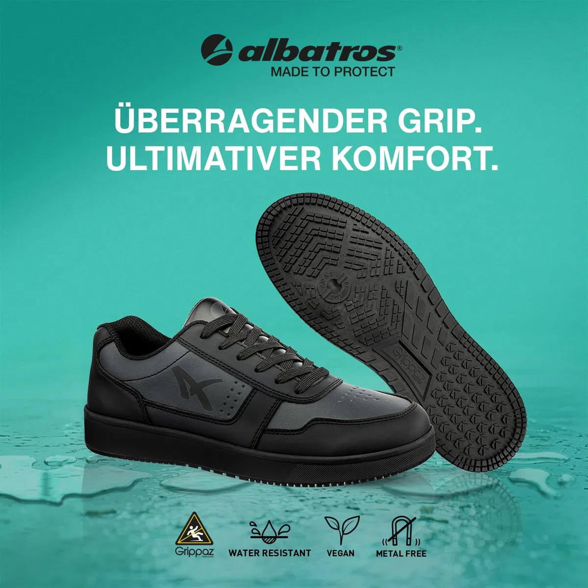 ALBATROS Squad Rutschhemmende Berufsschuhe – rutschfeste O2 Arbeitsschuhe für Damen und Herren, sehr leicht - Non-Slip Sneaker – ideal für Beruf Schwarz