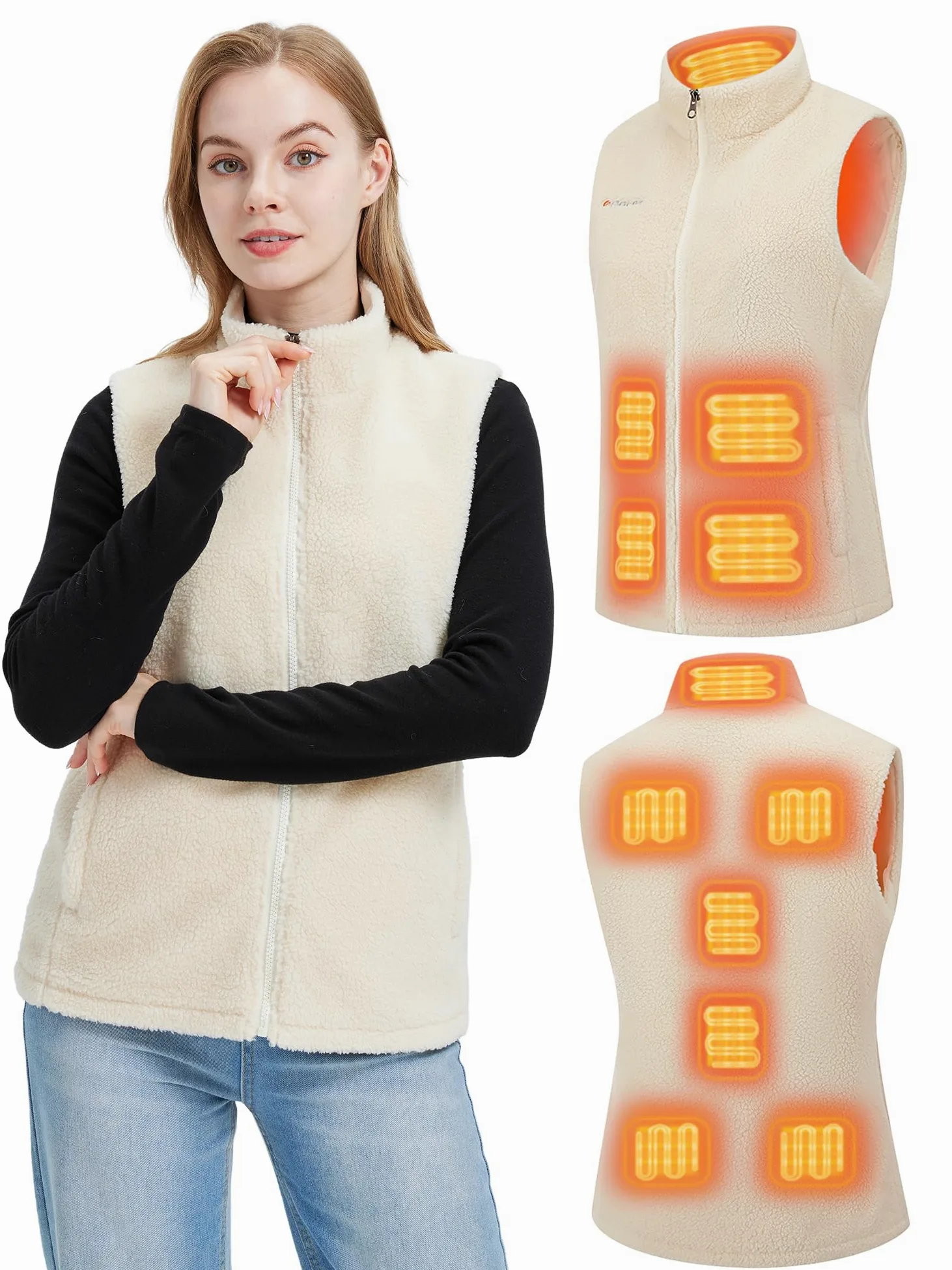 Gokozy Fleece Beheizbare Weste Damen mit 11 Heizzonen & 7.4V Akku,elektrische sherpa Heizweste Damen Kuschelige Wärmeweste Ideal für Herbst & Winter