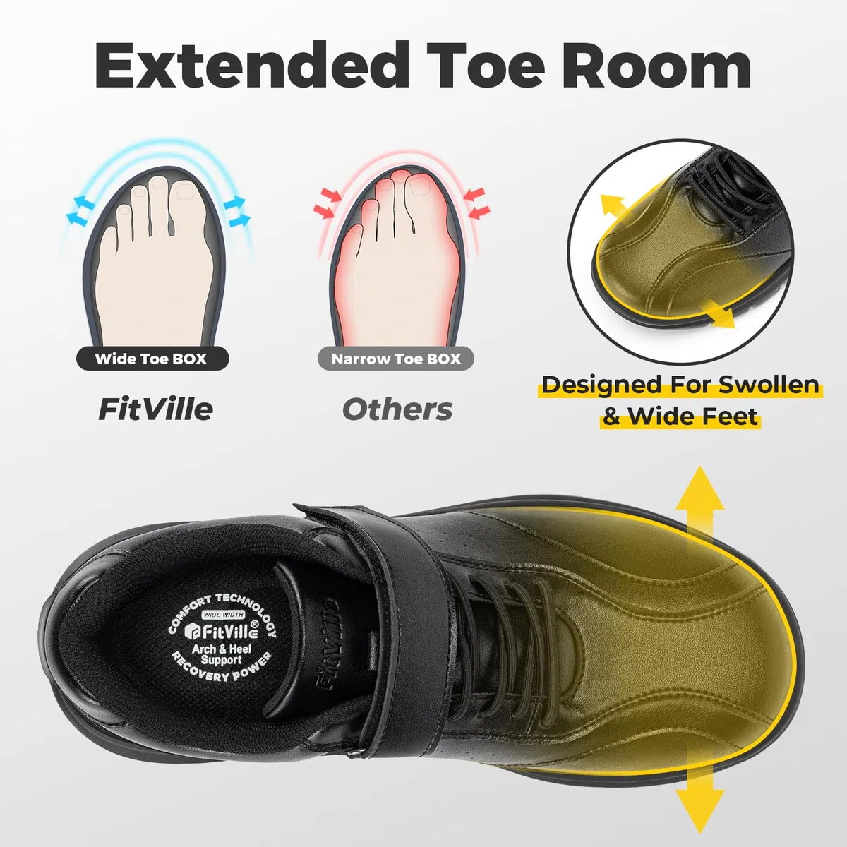 FitVille Extra Breit Leichte Sneaker Herren Einstellbar Gesundheitsschuhe Bequeme Dämpfung Walkingschuhe Business Freizeitschuhe mit aus Microfaser-Leder