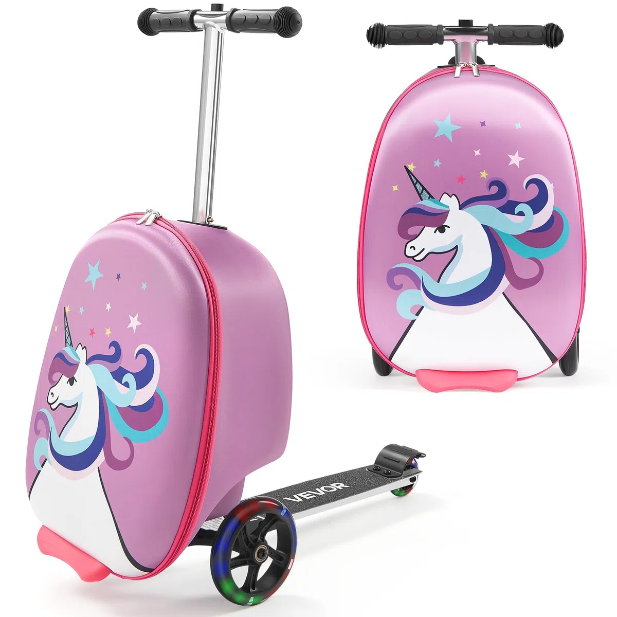 VEVOR Scooter Koffer, 20 L Fassungsvermögen, Reisekoffer mit Flash-PU-Rädern, TPR-Anti-Rutsch-Griff, max. Gewichtskapazität 50 kg, Kinderkoffer Handgepäck, für Kinder ab 5 Jahren, Lila