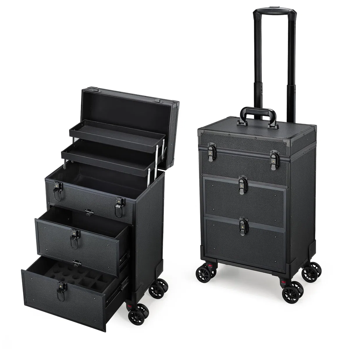 Kosmetikkoffer Kosmetik Trolley mit 2 Schubladen Friseurkoffer Groß Nageldesign Koffer Werkzugkoffer Ngaelkoffer Make up Koffer mit Rollen Schminkkoffer Abschließbarer,Schwarz