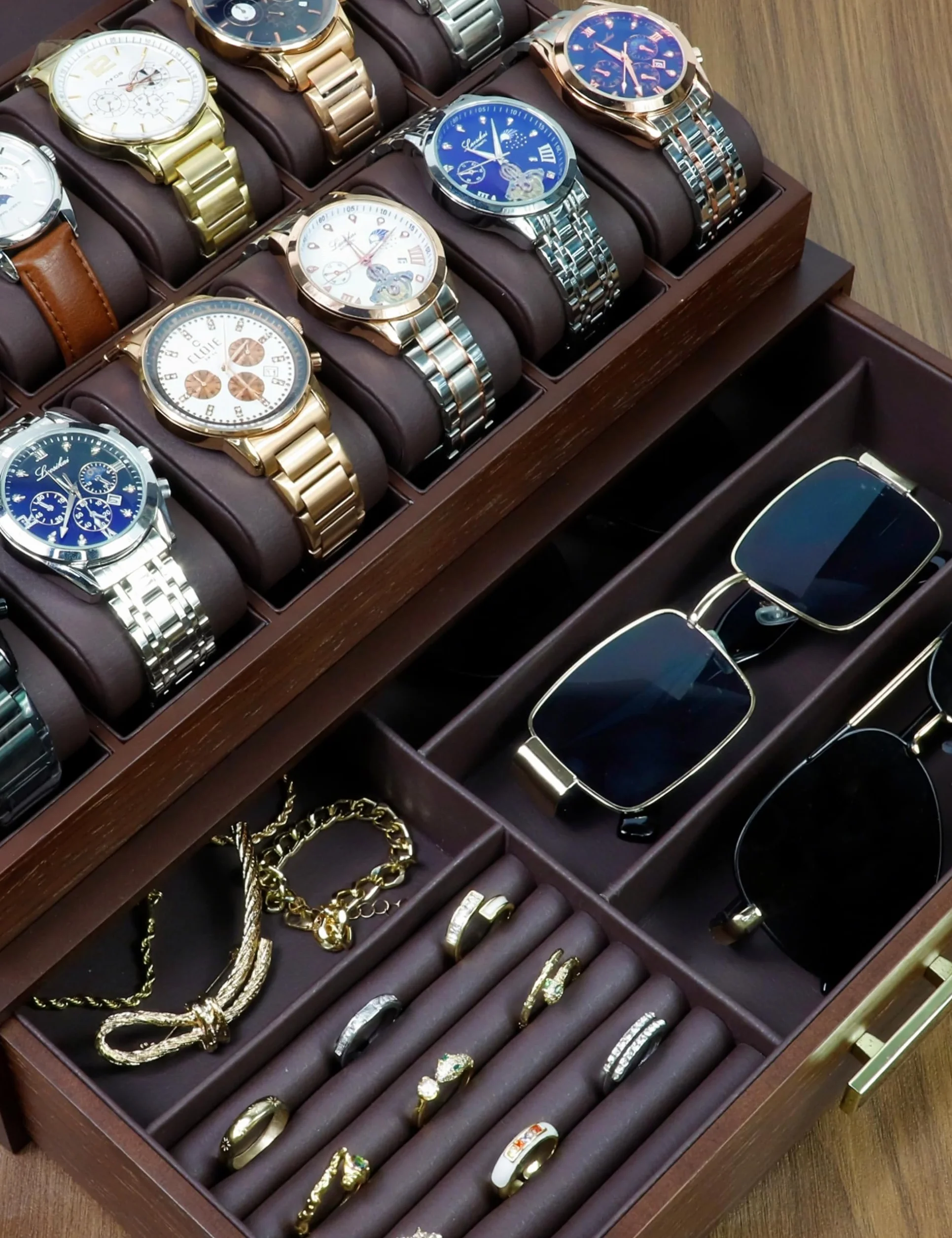 KAMIER Uhrenbox Herren mit 12 Fächern, Luxuriöse Groß Echtholz Watch Box 2 Ebenen, Uhrenkasten mit herausnehmbaren Uhrenkissen und Schublade, Premium Uhrenkoffer mit Glasdecekel (mit Geschenkbox)