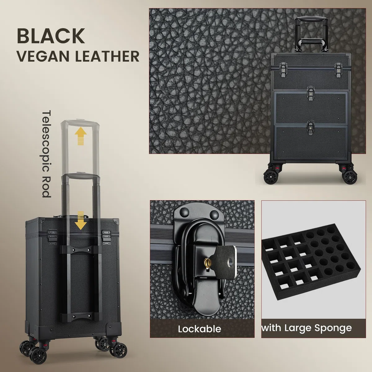 Kosmetikkoffer Kosmetik Trolley mit 2 Schubladen Friseurkoffer Groß Nageldesign Koffer Werkzugkoffer Ngaelkoffer Make up Koffer mit Rollen Schminkkoffer Abschließbarer,Schwarz