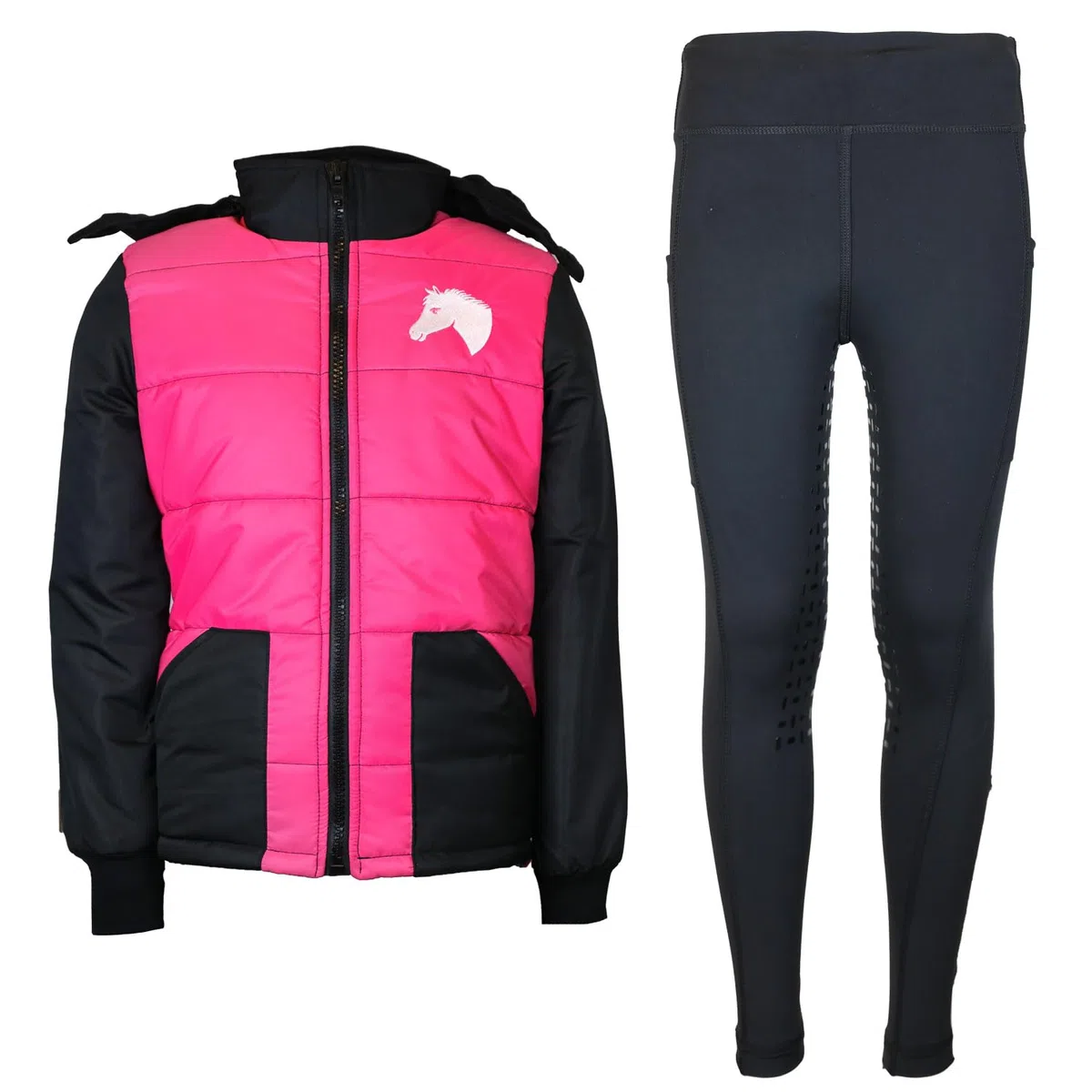 Reitset Kinder Reitjacke Mia schwarz gesteppt mit Silikon-Vollbesatz Reitleggings Grau