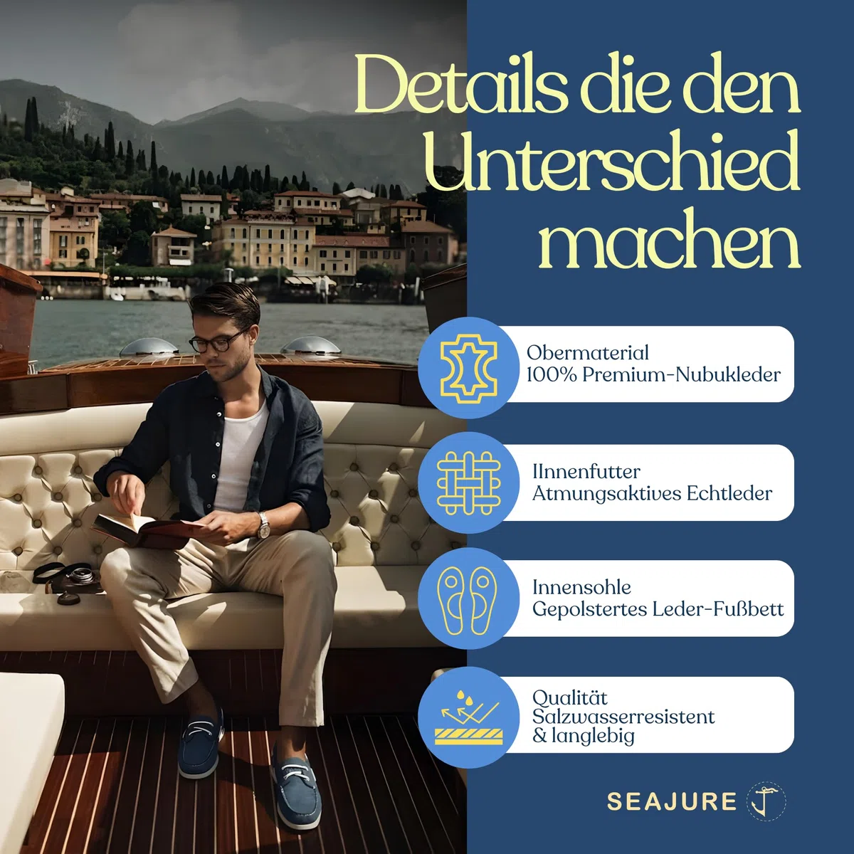 Seajure Trebaluger Bootsschuhe Herren Leder, Blau, Premium Segelschuhe, Mokassins, Slipper, Halbschuhe aus Echtleder Nubuk, rutschfeste Non Marking Gummisohle, handgefertigt in Portugal