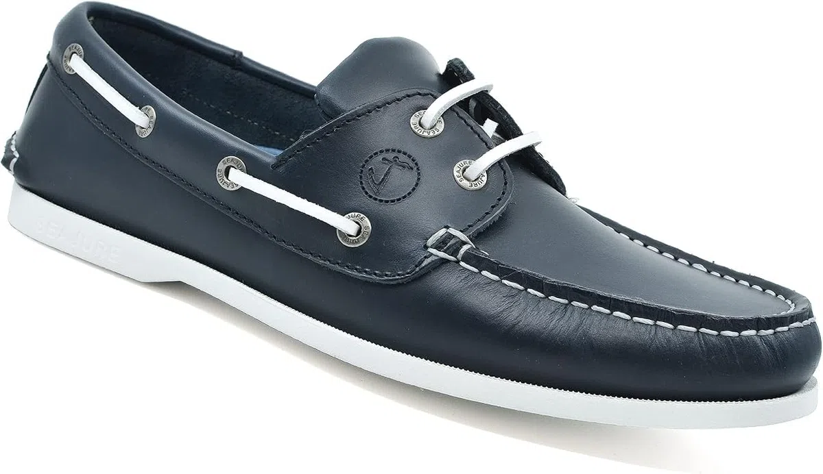 Seajure Watamu Bootsschuhe Herren Leder, Handgefertigte Segelschuhe und Mokassins, Non-Marking Gummisohle, Bequeme Maritime Sommer Slipper, Freizeitschuhe und Echtleder Deckschuhe Marineblau