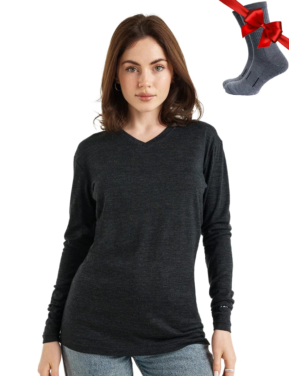 Merino.tech Merino Shirt Damen Langarm - Premium 100% Merino Unterwäsche Damen Leichte + Wollsocken (165 V-Neck Charcoal, Medium)