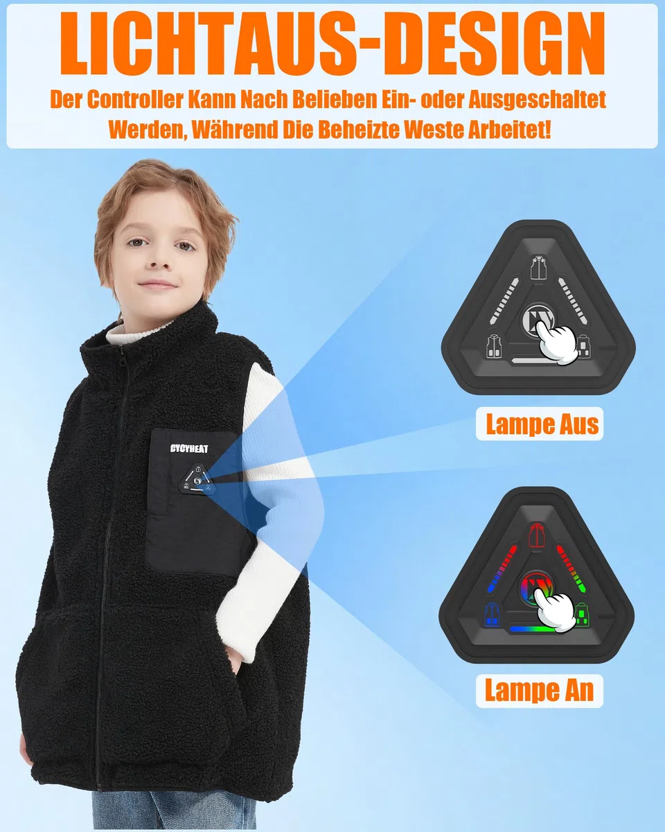 CYCYHEAT Fleece Heizweste Kinder – Beheizbare Weste für Jungen & Mädchen, Leichte Heizjacke mit 7,4V 10000mAh Akku & Verbesserte Heizelemente