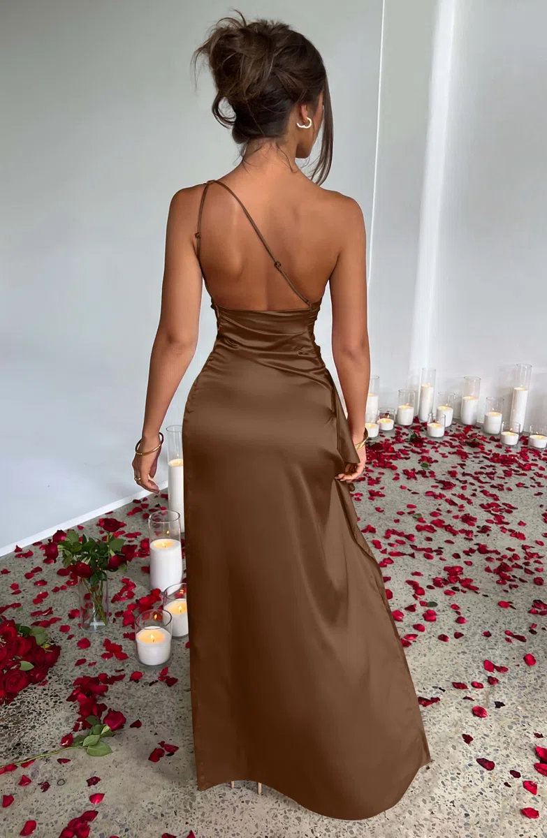 OQQ Damen Maxi Kleid One-Shoulder Abendkleid mit hohem Schlitz und Taillenfalten Elegante Abschlusskleid