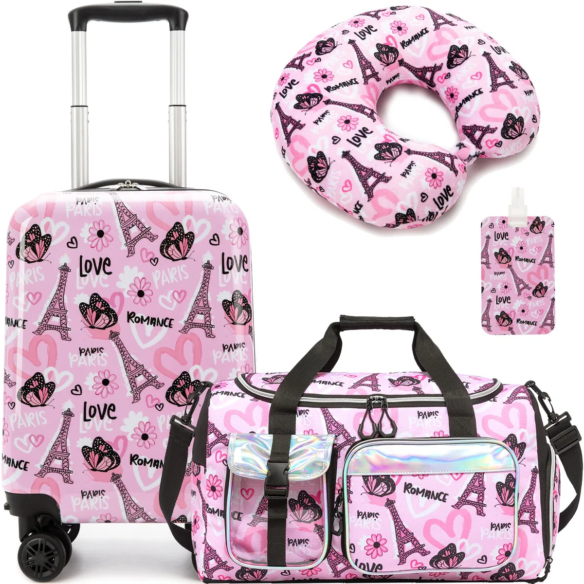 HTgroce 3 teiliges Kinderkoffer, Kindertrolley mit Reisetasche Kinder Mädchen, Nackenkissen & Gepäckanhänger, Kindergepäck mit Rollen, Handgepäck Reisekoffer Hartschalenkoffer für Mädchen
