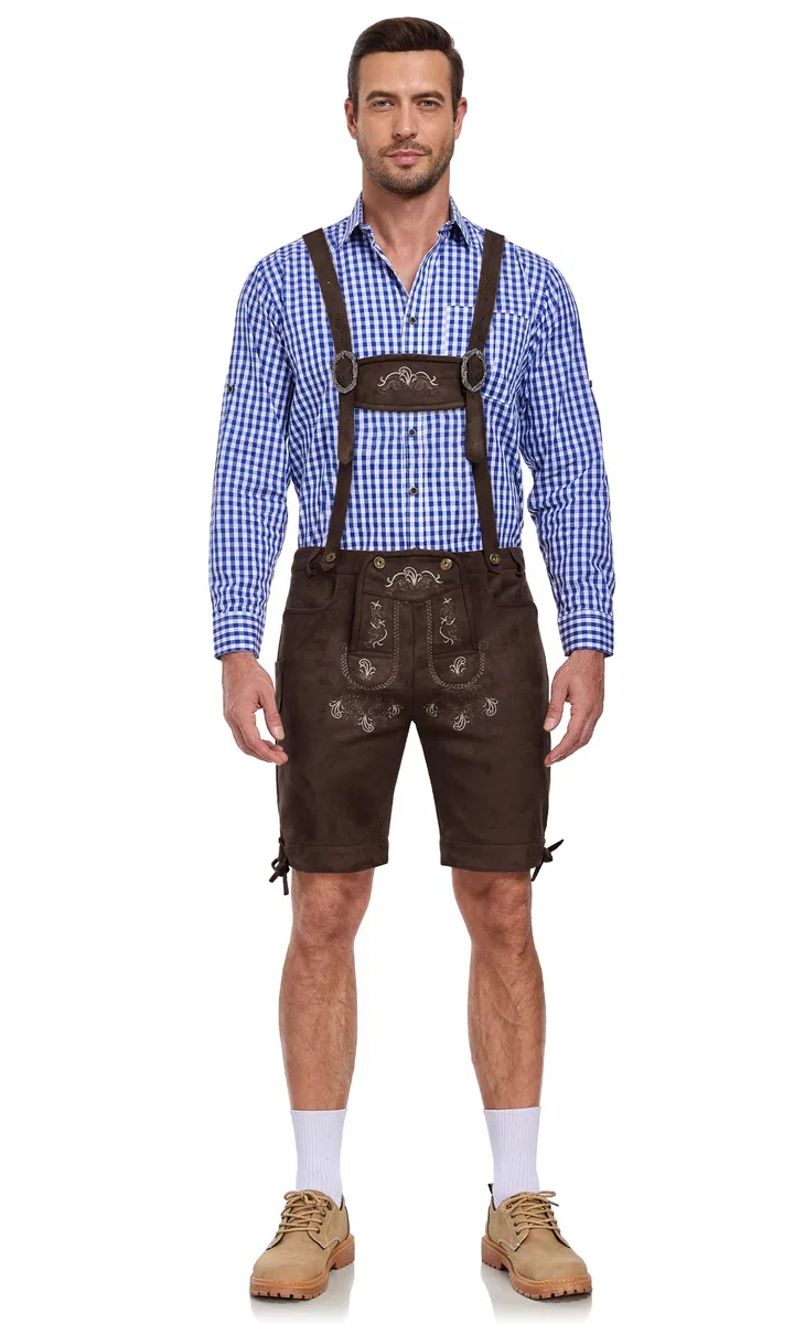 AMZHOTER Lederhose Herren Tracht Oktoberfest Trachtenhose Trachtenlederhosen Kurz Lederhosen Mann Braun bayrische Trachten Hose Trachtenmode mit Hosenträger Hellbraun Dunkelbraun