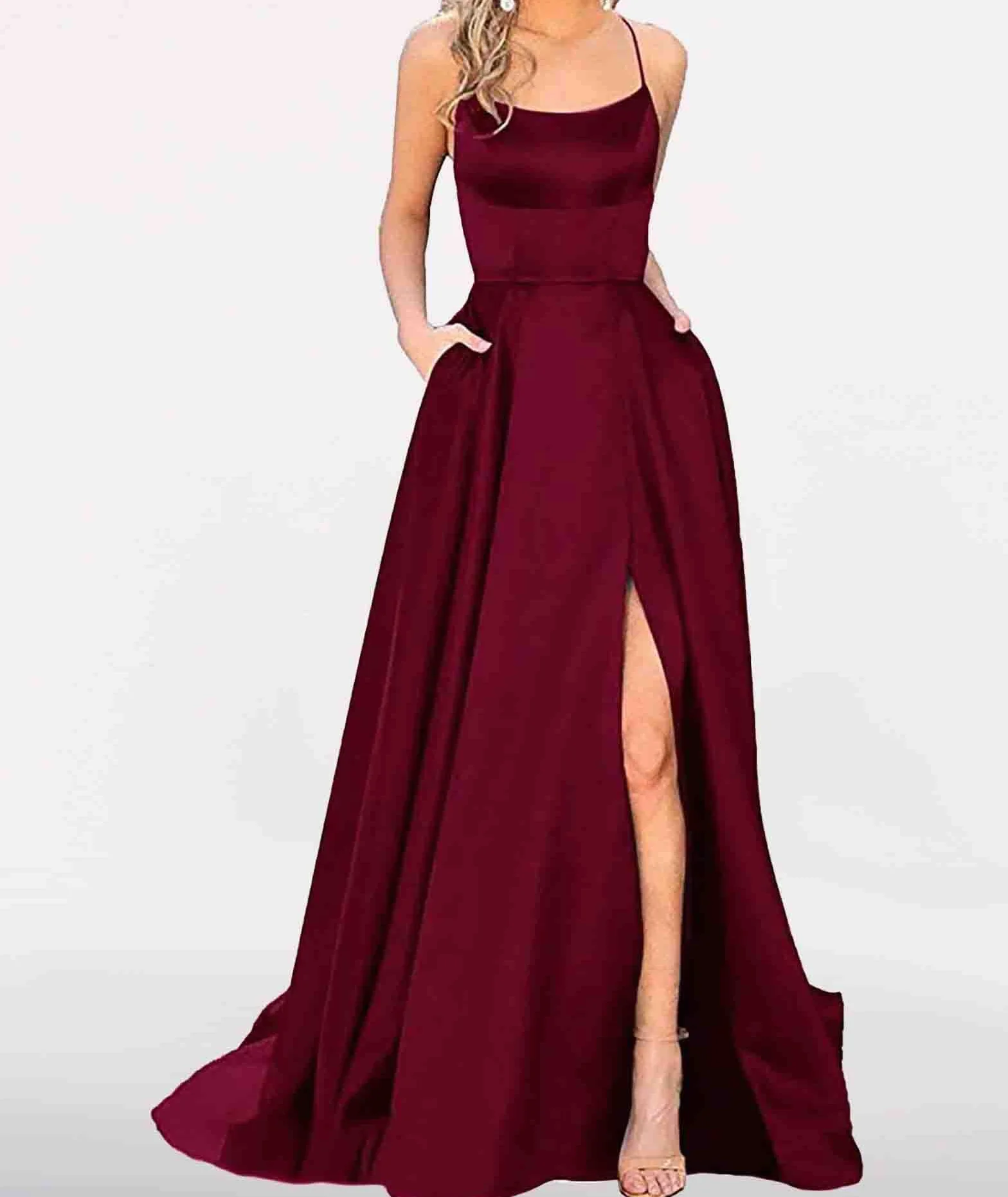 xxxiticat Damen Elegant Lange Ballkleider mit Taschen Satin A-Linie Backless Hochzeitskleid Abendkleider Sexy Neckholder Spaghetti Brautkleid Kleider Lang Prinzessin Brautjungfer Kleid