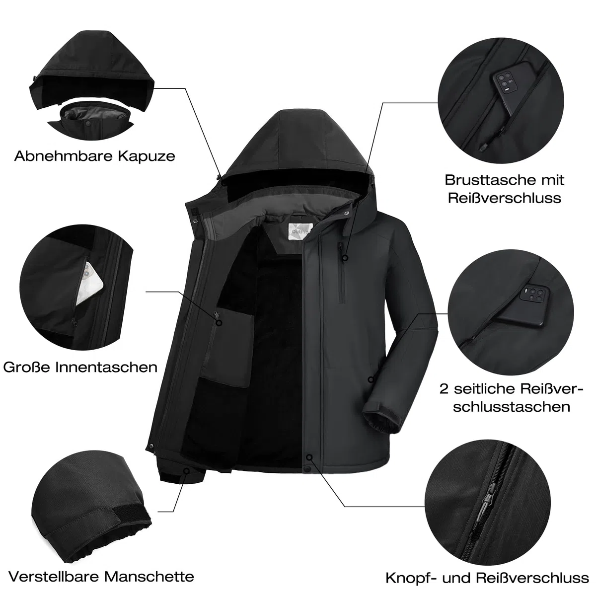OutPro Herren Skijacke Vielseitige Winterjacke - Wasserdicht, winddicht,Perfekt für Outdoor-Aktivitäten und Winterwanderungen