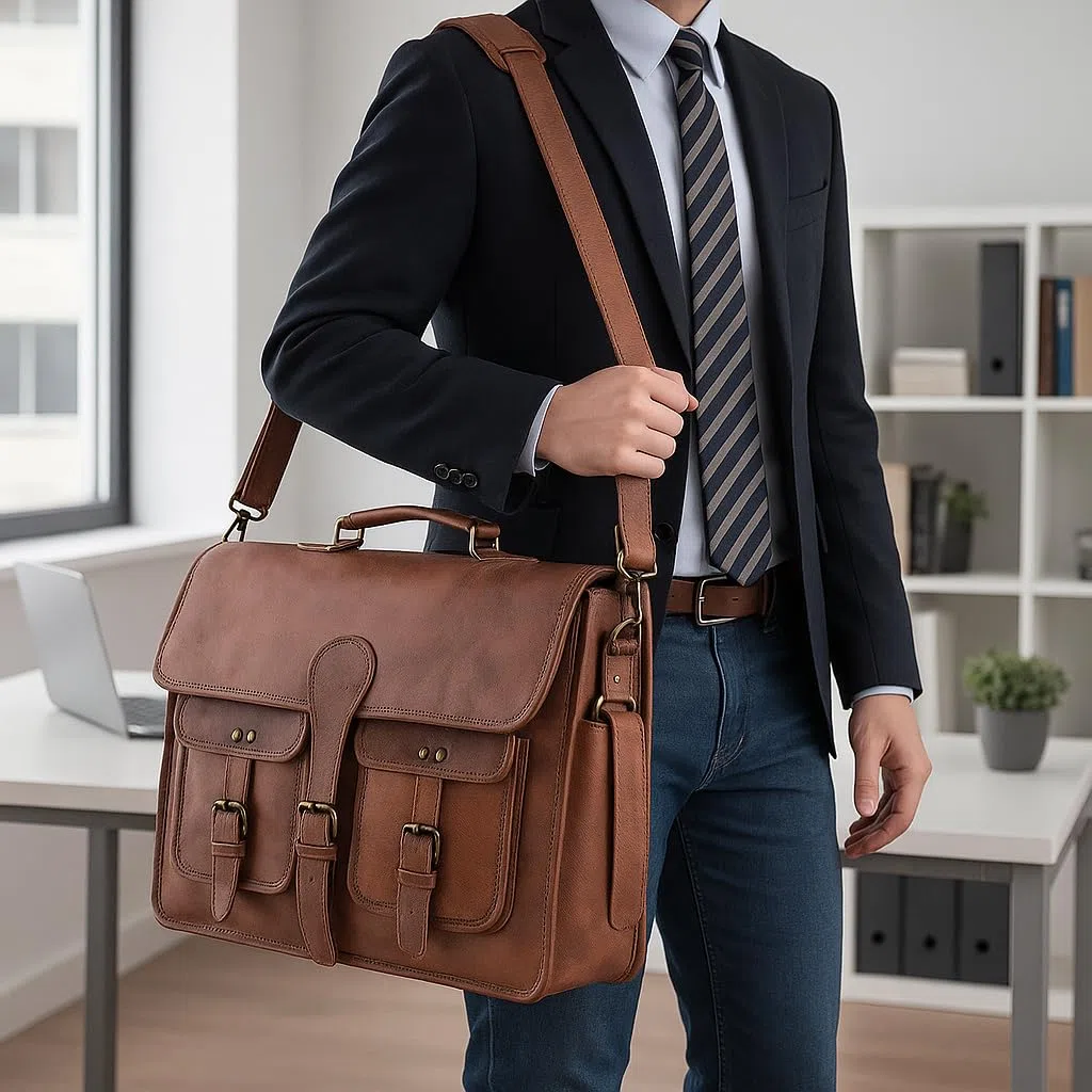 KPL 45,7 cm (18 Zoll) Leder-Aktentasche, Laptop-Kuriertasche, beste Computer-Umhängetasche, handgefertigte Tasche für Damen und Herren, braun, L, Schulranzen