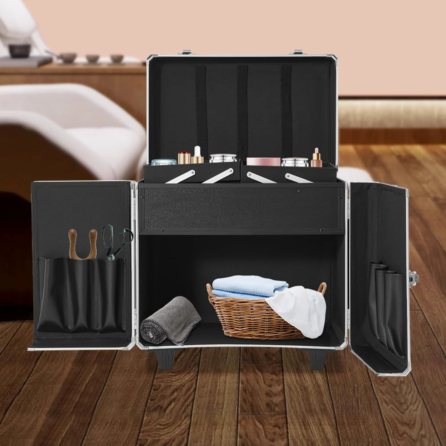 46 x 29 x 42 cm Fußpflegekoffer tragbarer Werkzeugkoffer mobiler Fußpflegekoffer mit Rollen und Schlössern Rollkoffer für Fußpflege und Nageldesign